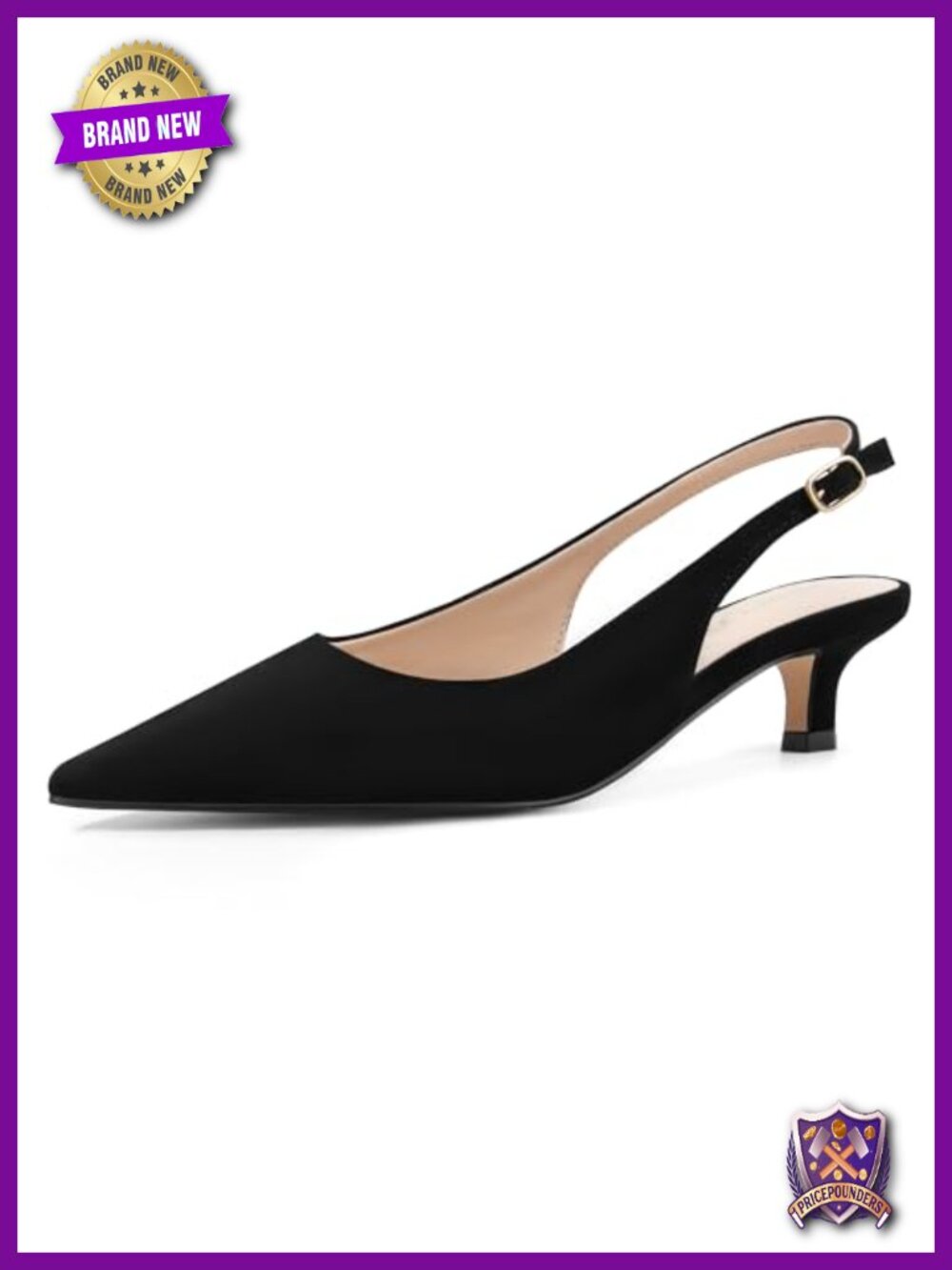 Faux Leather Slingback Kitten Heel Pumps with Adjustable Ankle Strap Pointed